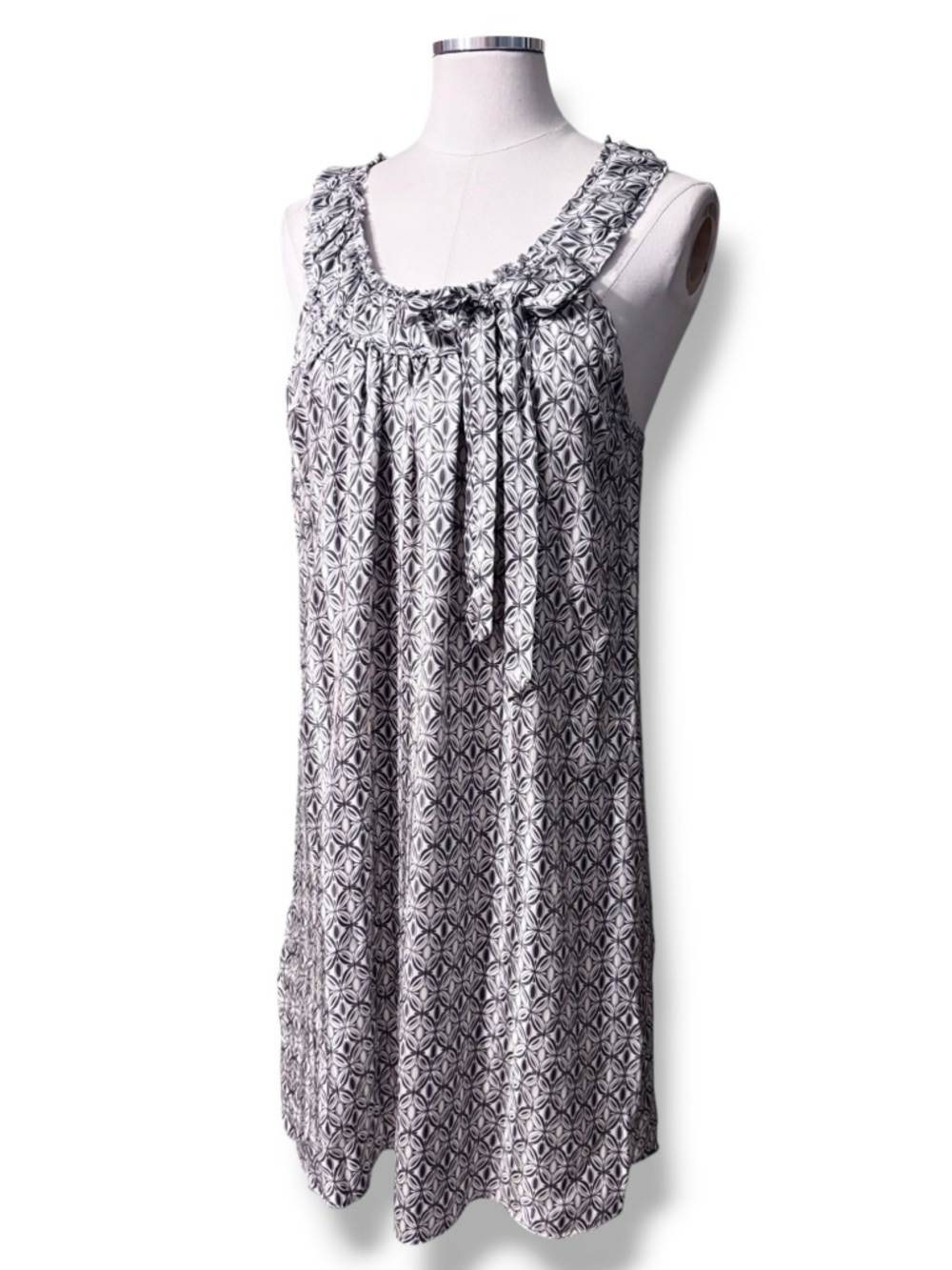 POLECI x ANTHROPOLOGIE Silk Racerback Dress Tie Neckline Grey Geometric Design